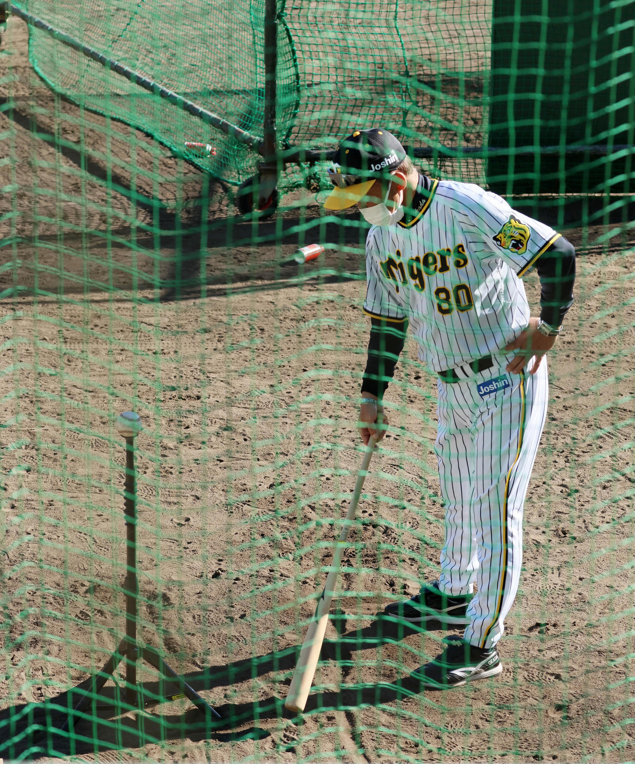 岡田監督は井上のティー打撃で打席とボールの場所を決める（撮影・加藤哉）