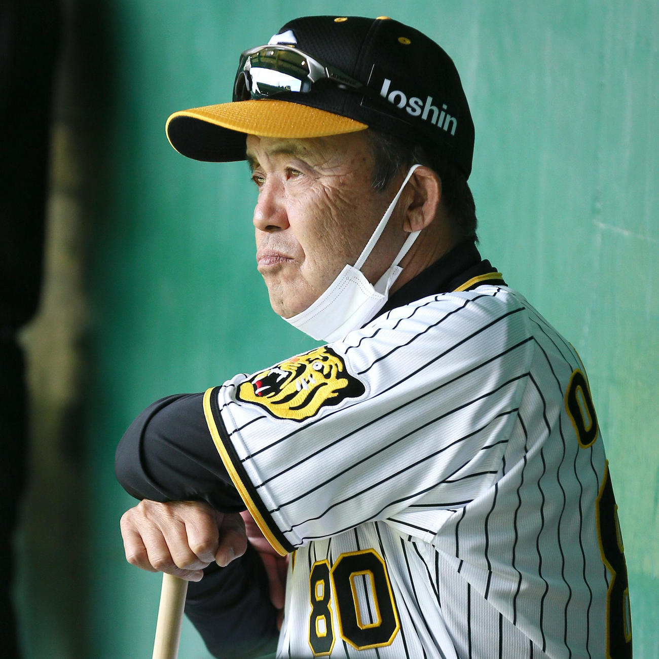 ブルペンをチェックする岡田監督（撮影・上山淳一）