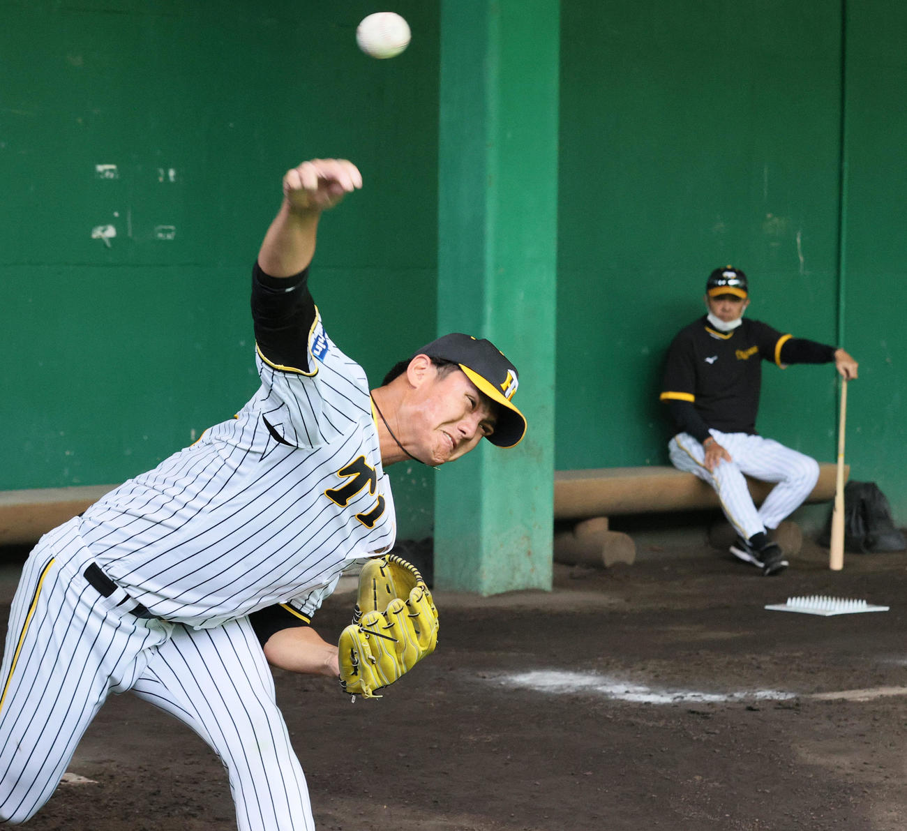 ブルペンで岡田監督（右）が見守る中、投げ込む西純（撮影・上山淳一）