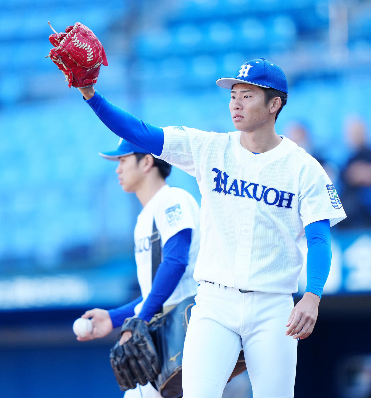 白鷗大対国際武道大　試合前練習に臨む白鷗大・曽谷（撮影・江口和貴）
