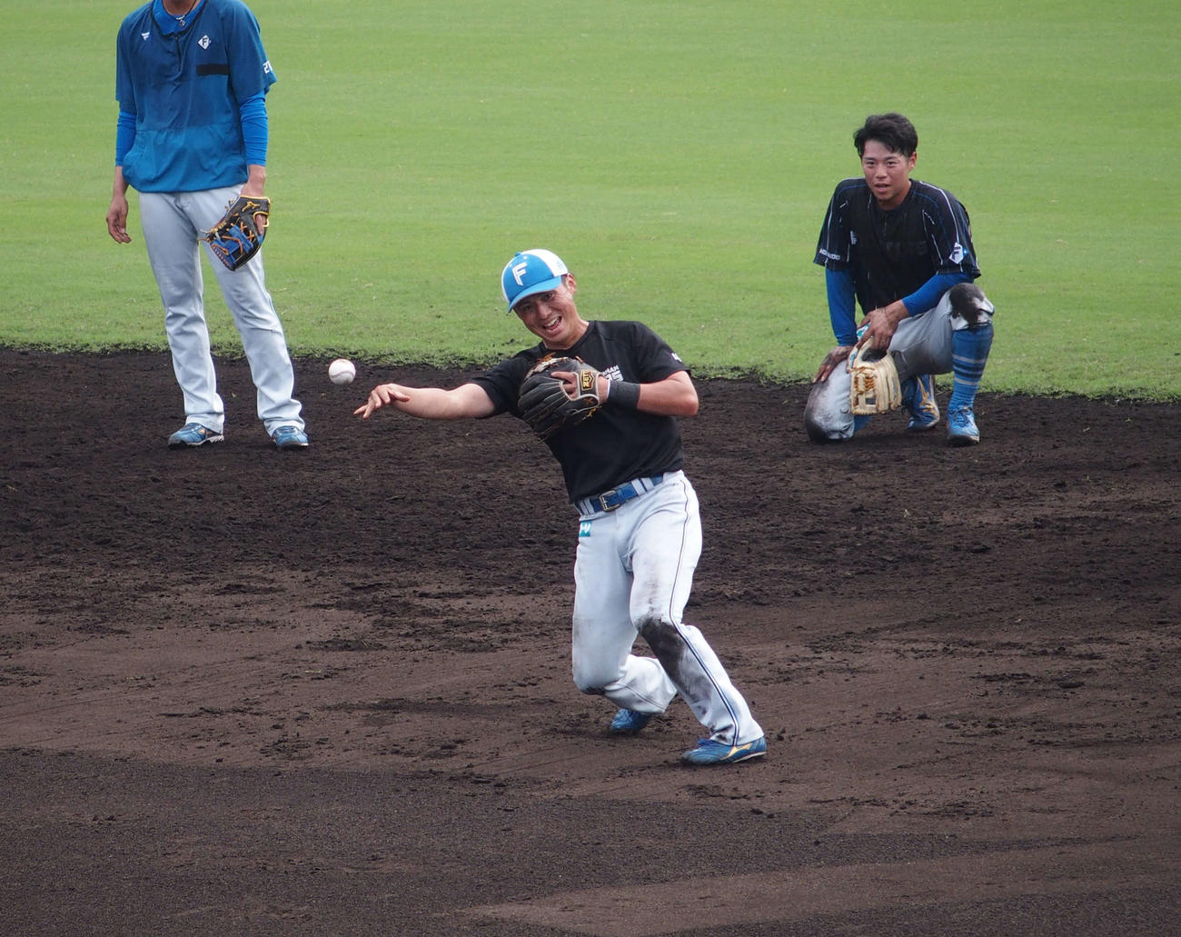 鬼の形相で内野ノックを受ける日本ハム上川畑（撮影・中島宙恵）