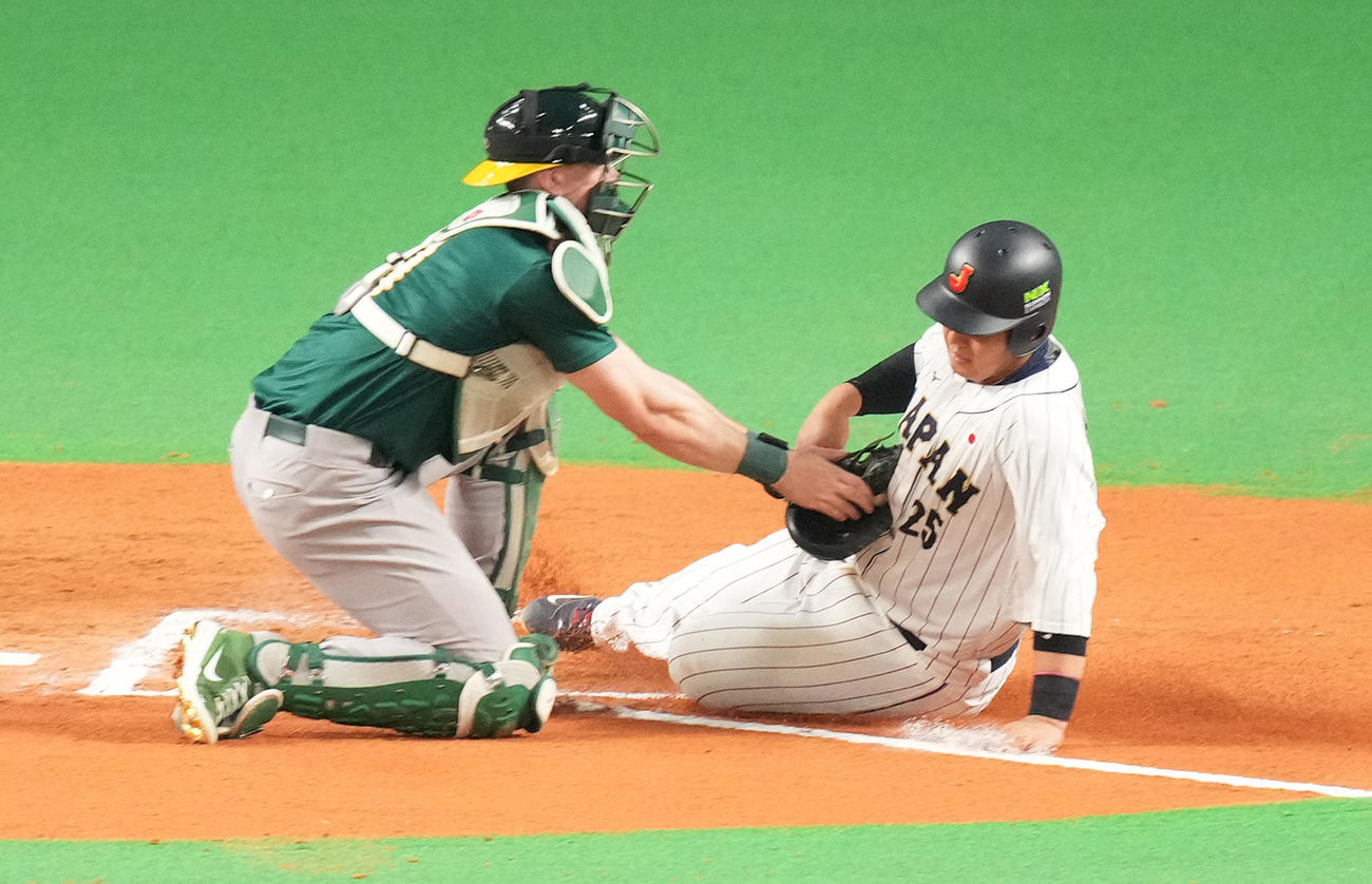 日本対オーストラリア　6回裏日本無死一、二塁、佐藤輝の適時二塁打で一塁から本塁を狙うもアウトとなる岡本和（撮影・菅敏）