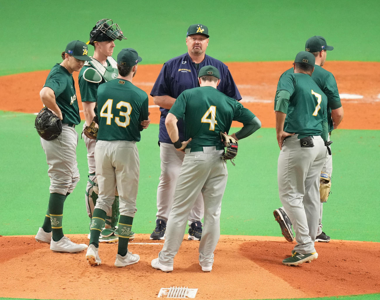 日本対オーストラリア　3回裏日本1死一塁、マウンドで選手たちに話しかけるニルソン監督（中央）（撮影・菅敏）