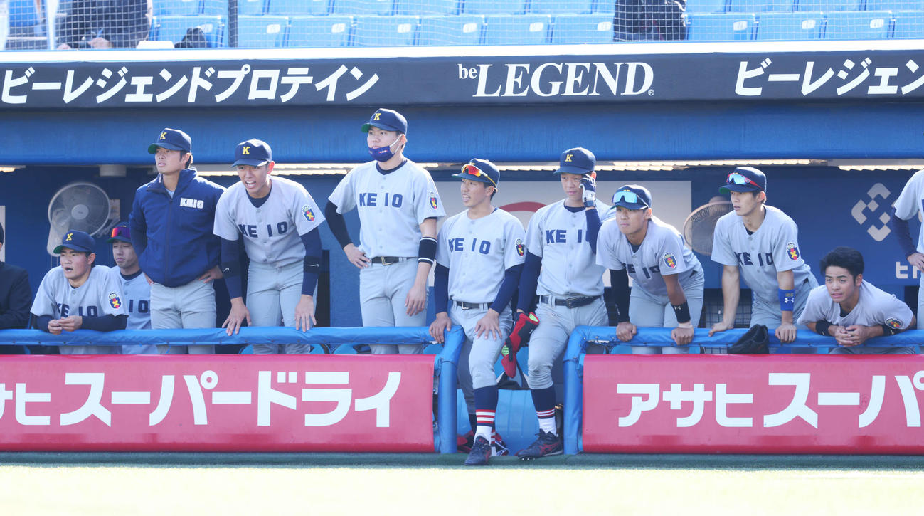 慶大対早大　8回表、ベンチから声出しする慶大・清原（左から4人目）（撮影・河田真司）