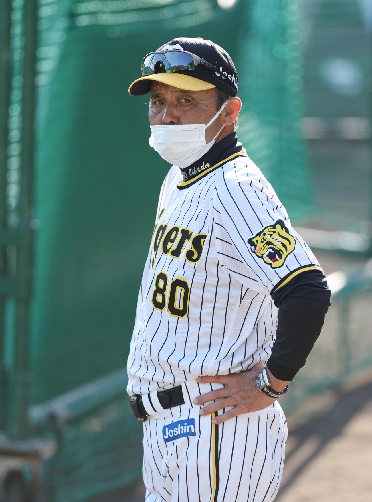 ナインの練習を厳しいまなざしで見つめる阪神岡田監督（撮影・前田充）