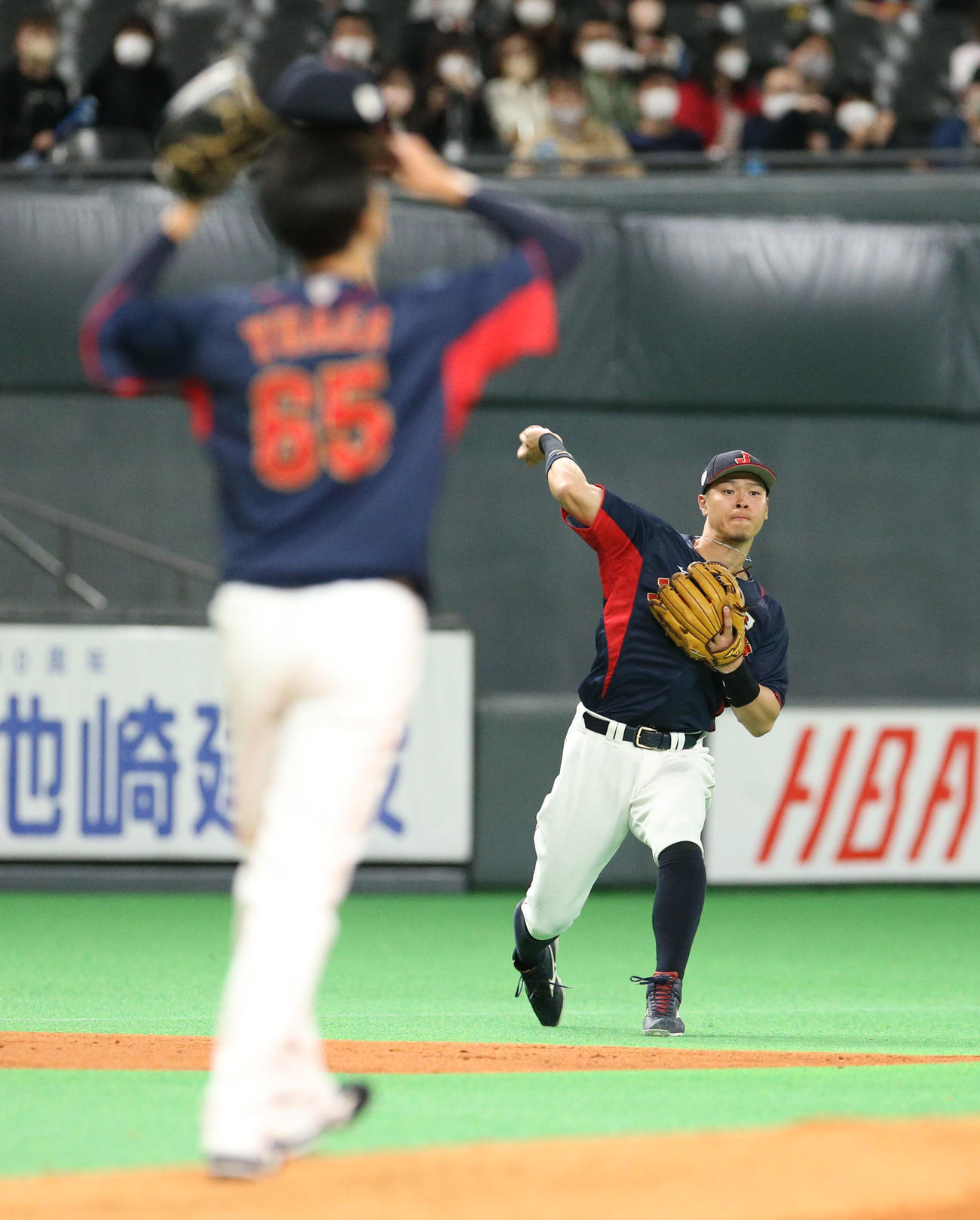 オーストラリア対日本　8回裏オーストラリア無死、ケネリーの打球を一塁に送球する佐藤輝。左手前は湯浅（撮影・佐藤翔太）