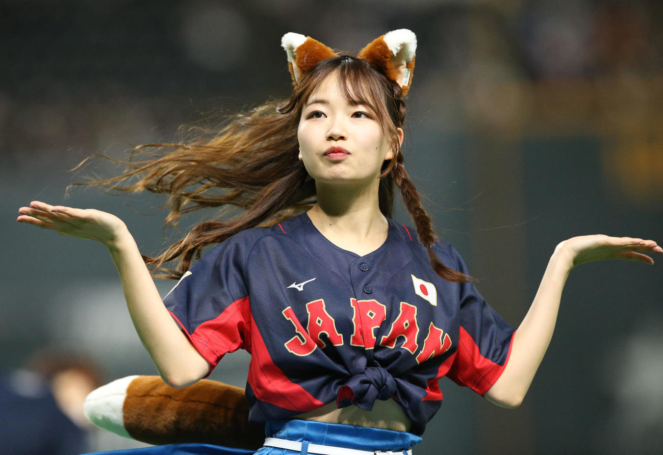 22年11月10日、侍ジャパン仕様のコスチュームで「きつねダンス」を踊るファイターズガールの辻菜穂子さん