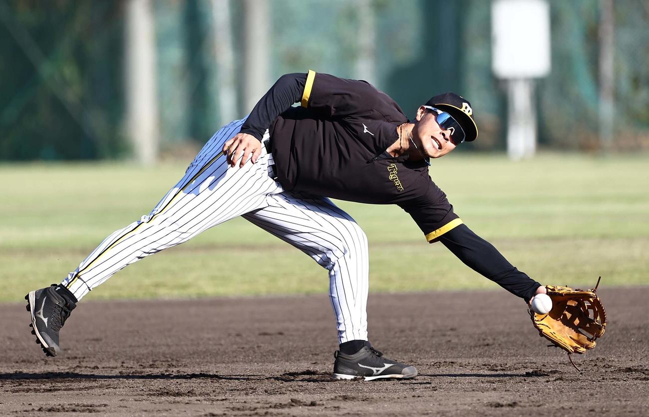サブグラウンドでノックを受ける佐藤輝（撮影・上田博志）