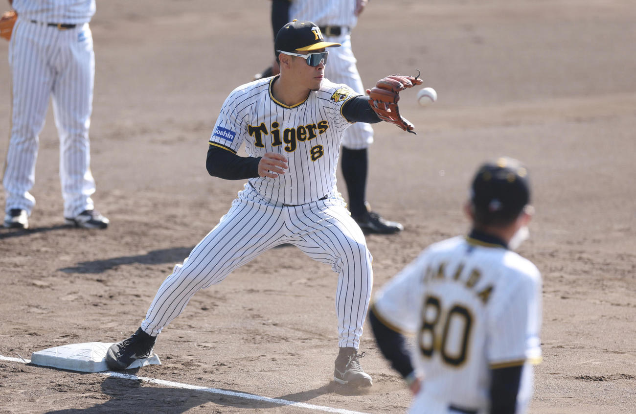 三塁で投内連係を行う阪神佐藤輝。手前は見つめる岡田監督（撮影・前田充）