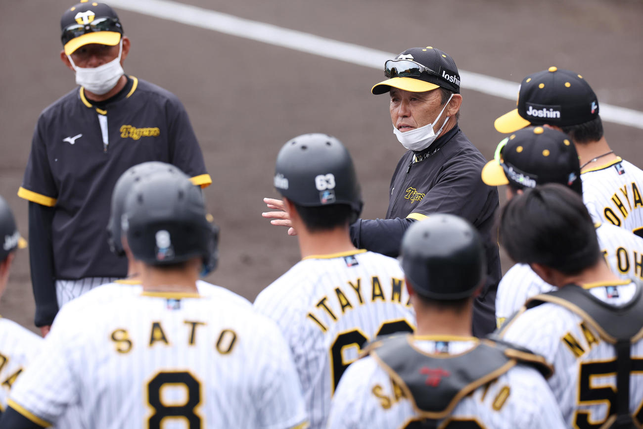 総合ノックを終えたナインに話す阪神岡田監督（中央右）（撮影・前田充）