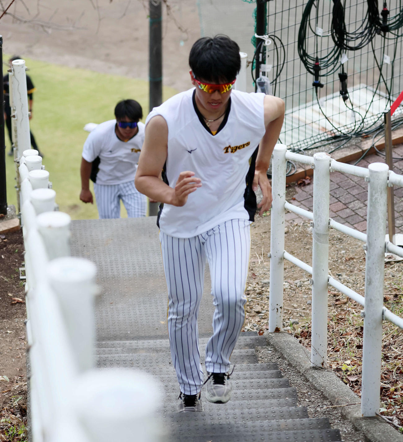 階段でダッシュする才木ら投手陣（2022年11月6日撮影）