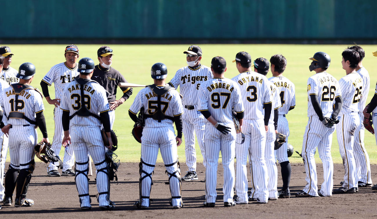 投内連係を終えナインに話す阪神岡田監督（中央）（撮影・前田充）
