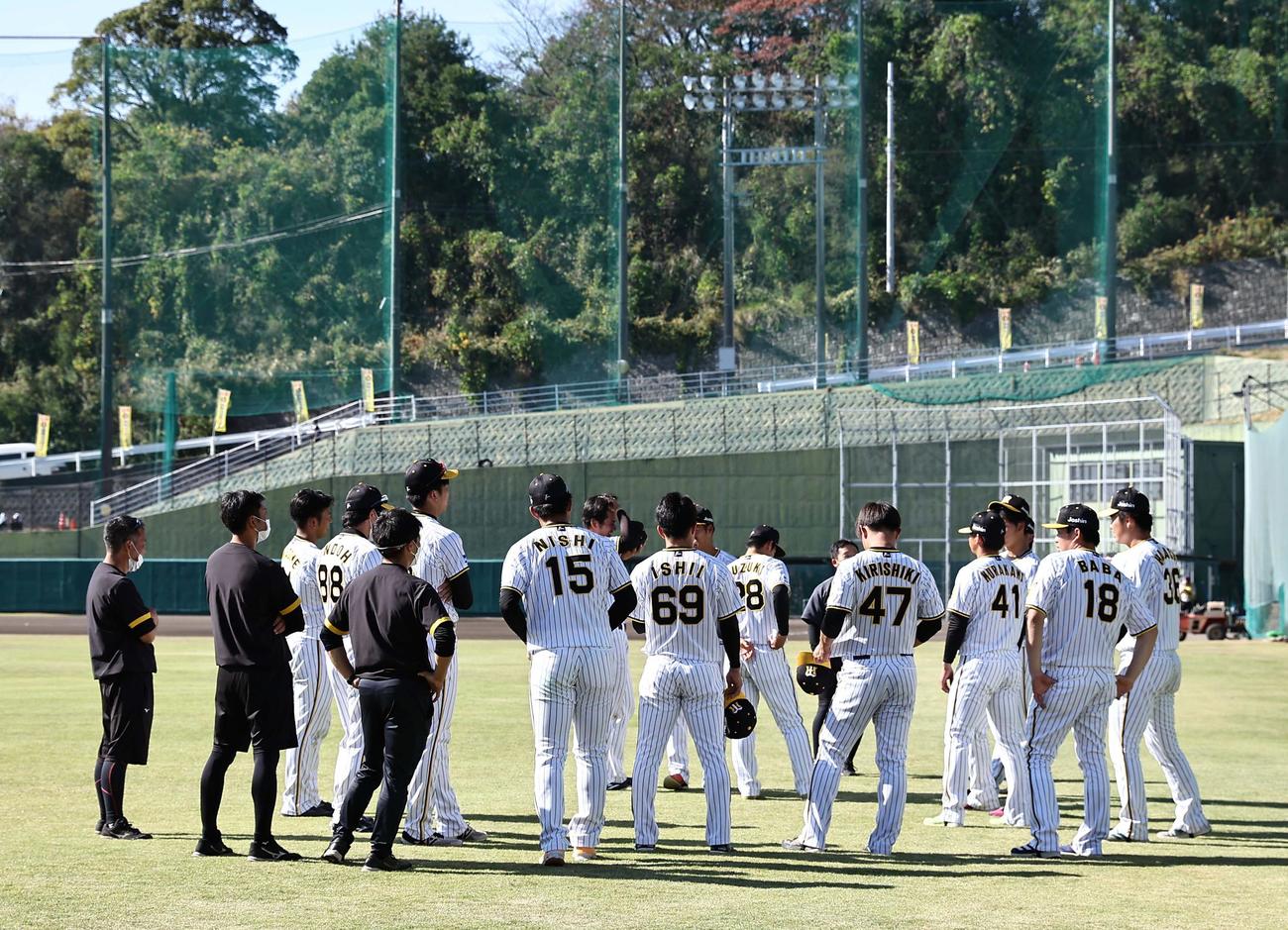 秋季キャンプを終えサブグラウンドで円陣を組む投手陣（撮影・上田博志）