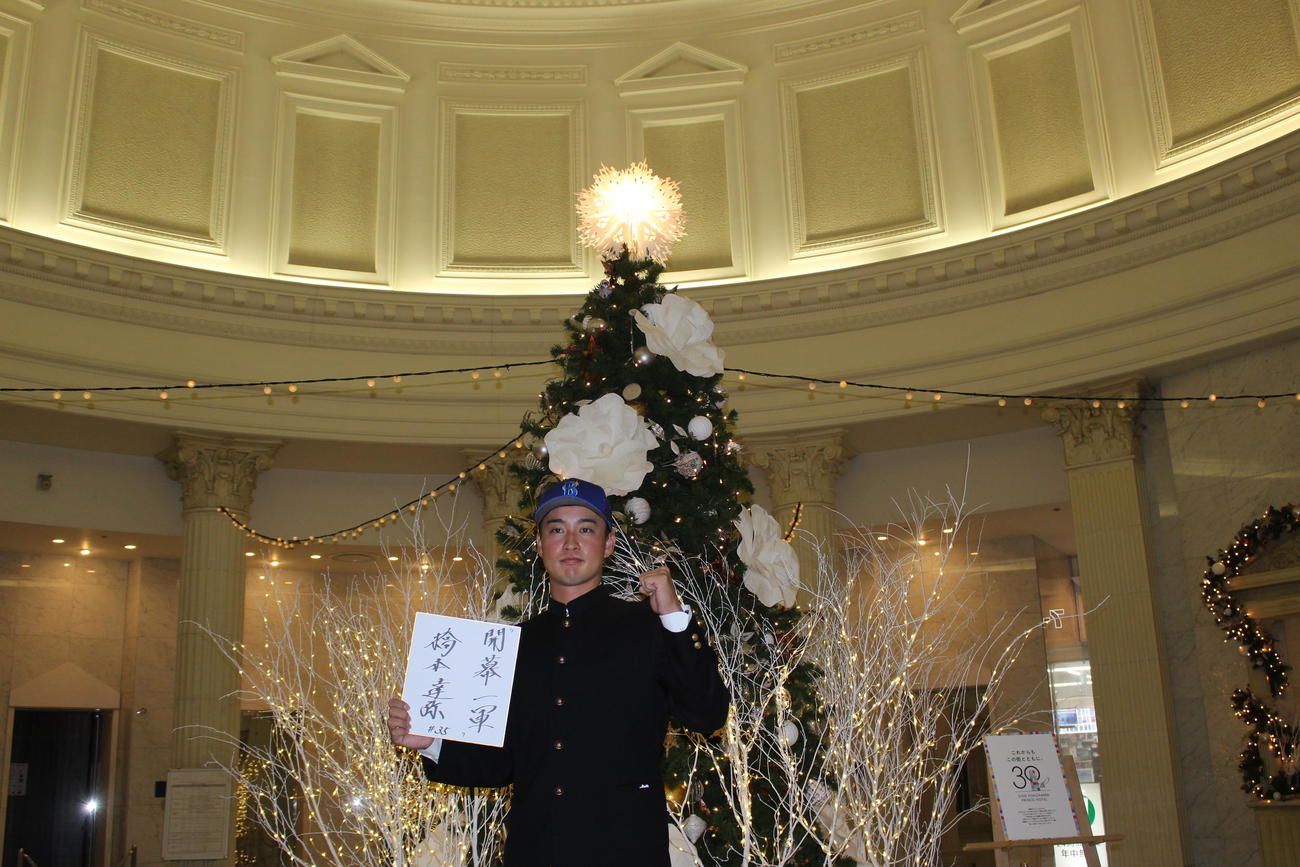 DeNAと仮契約を結び、クリスマスツリーの前で「開幕一軍」の色紙を手にポーズを決めるドラフト5位の慶大・橋本（撮影・久保賢吾）
