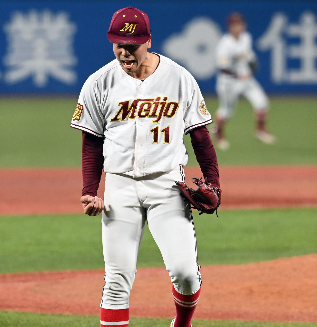 上武大対名城大　7回途中から登板し上武大に勝利した名城大の松本（撮影・たえ見朱実）