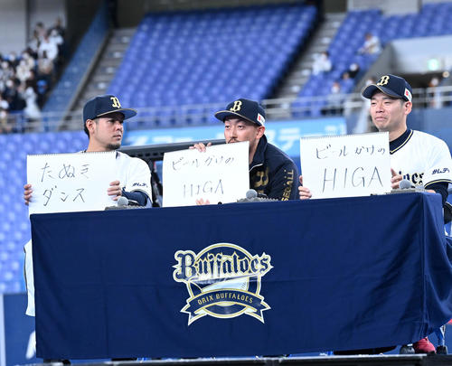 バファローズトレンド大賞2022にノミネートされていなかった「ビールかけにHIGA」が選ばれキョトンとする比嘉（左）。右から近藤、平野佳（撮影・前岡正明）