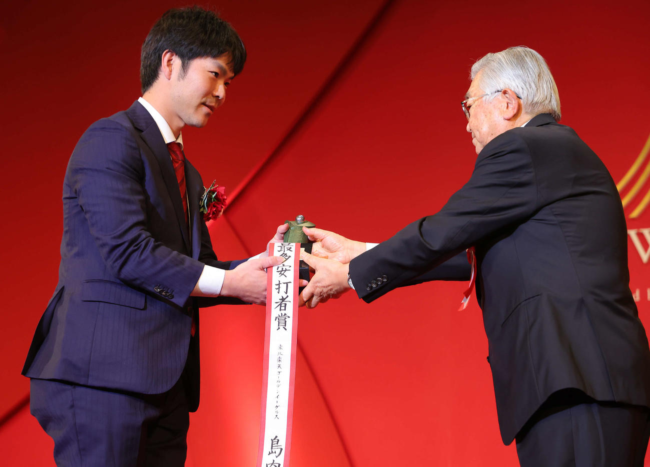 「NPB AWARDS 2022」でパ・リーグ最多安打者賞に輝いた楽天島内（左）は斉藤コミッショナーから笑顔でトロフィーを受け取る（代表撮影）
