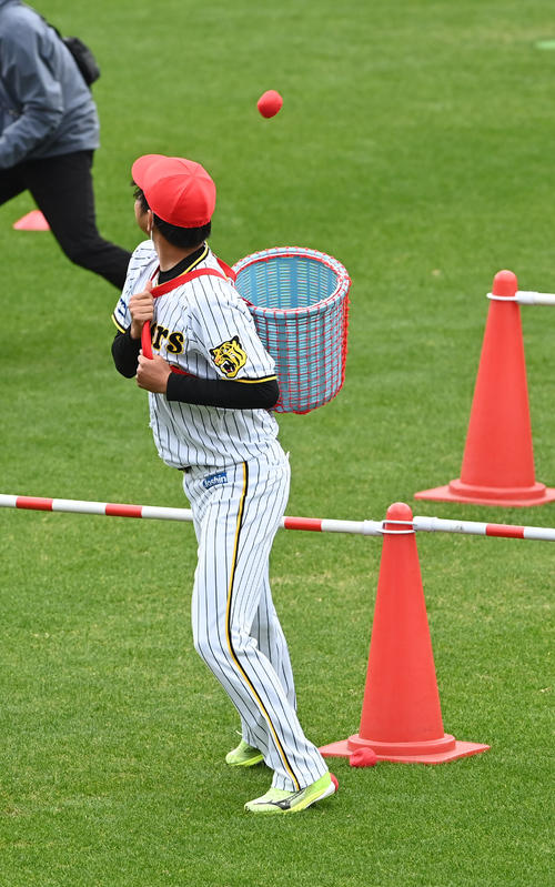 玉カゴでボールを受ける高橋（撮影・前岡正明）