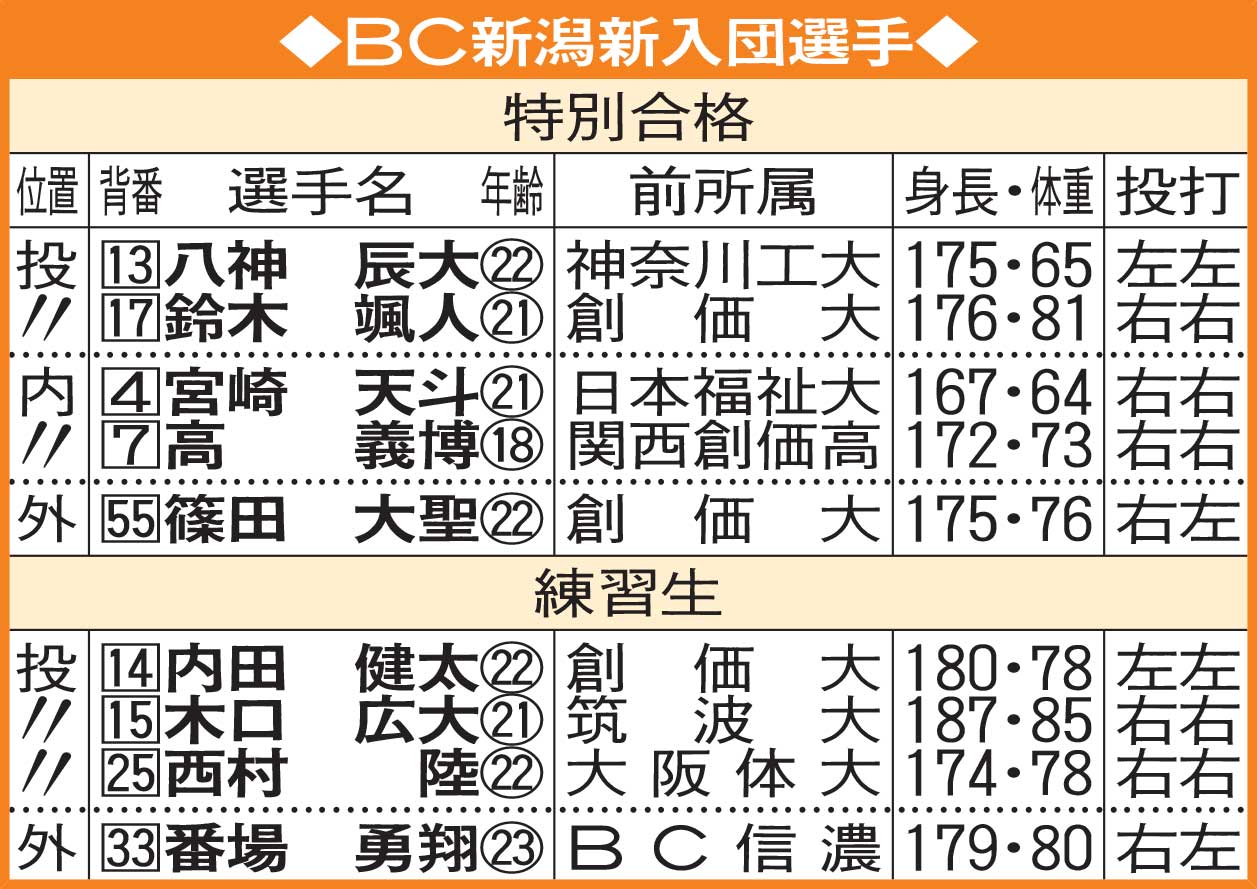 BC新潟新入団選手