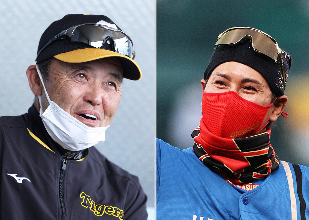 阪神岡田監督（左）と日本ハム新庄監督
