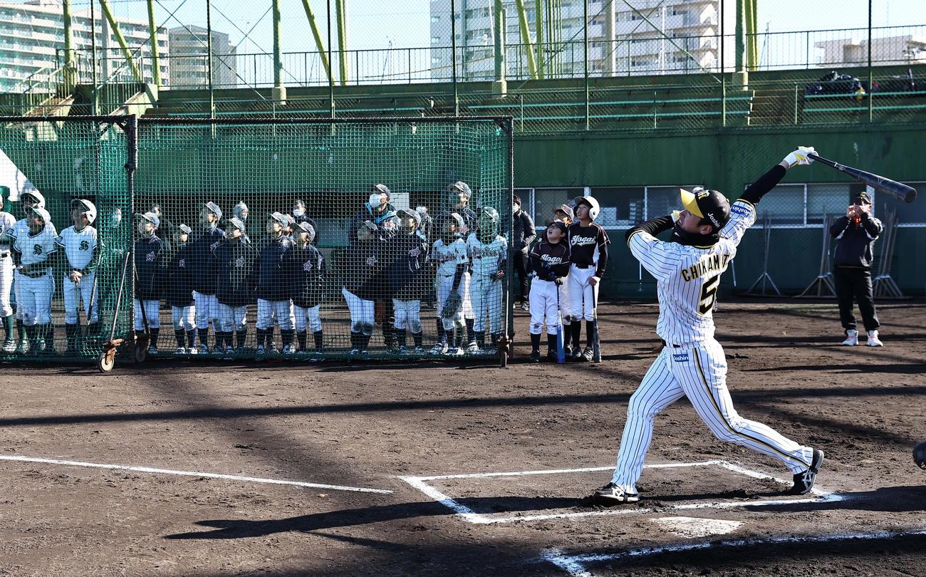 小学生球児に打撃を披露する近本（撮影・上田博志）