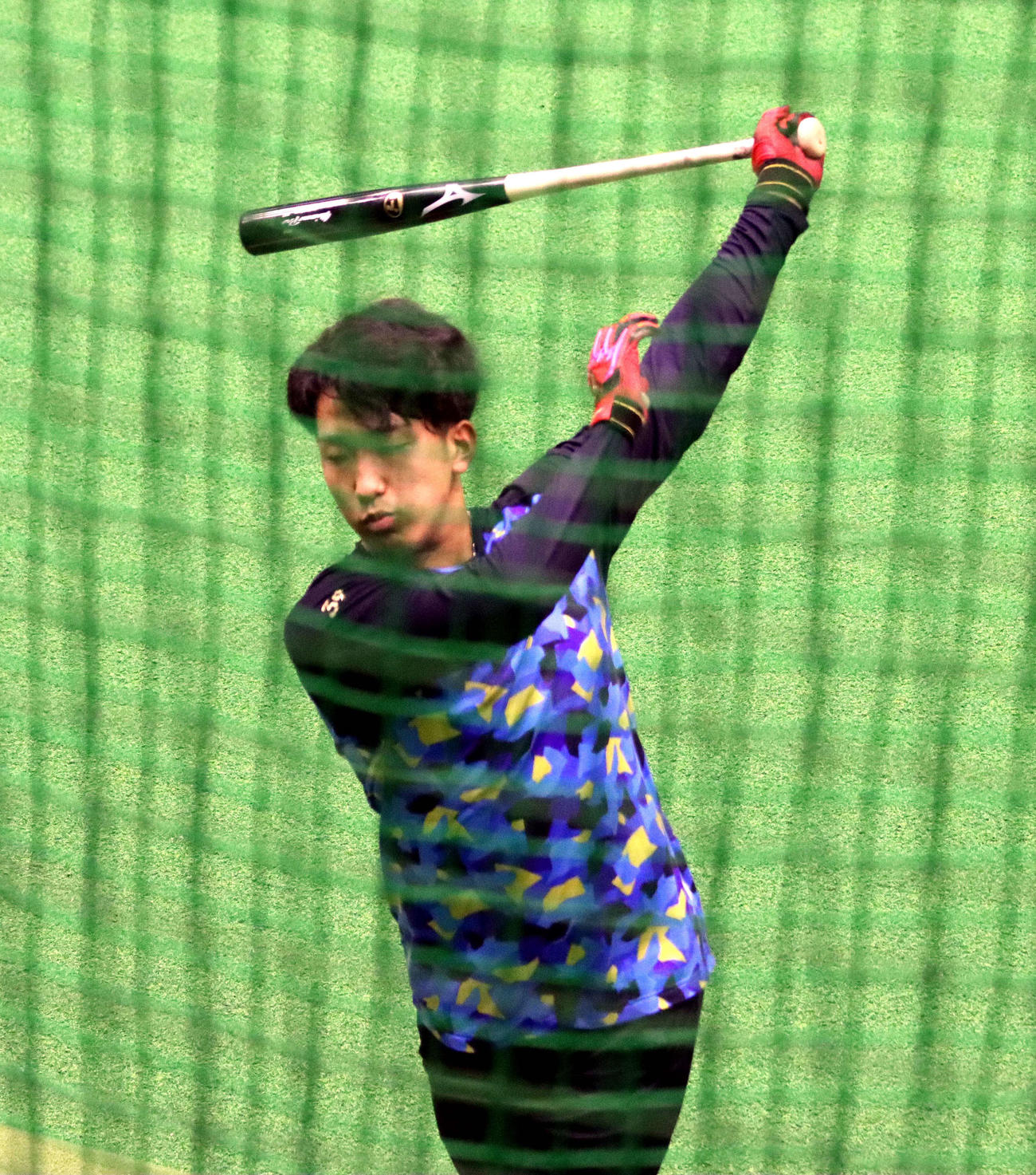 鎌ケ谷の室内練習場でティー打撃に励む日本ハム有薗（撮影・永野高輔）