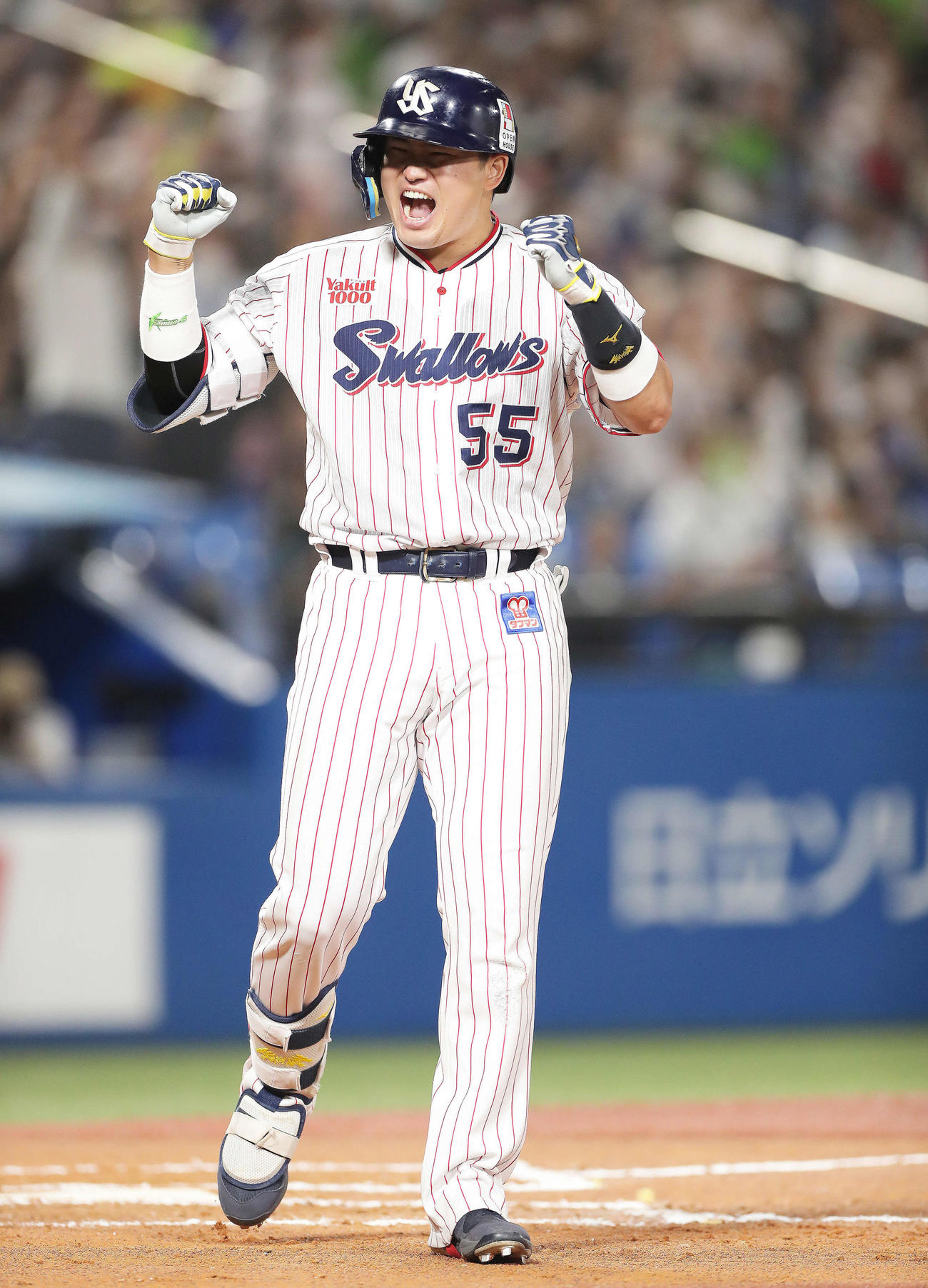 56号本塁打を放ちガッツポーズを見せるヤクルト村上（2022年10月3日撮影）