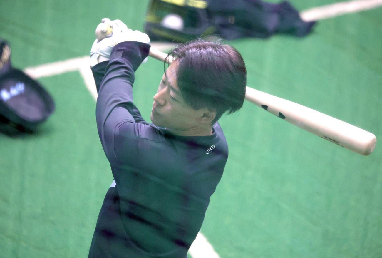 新人合同自主トレでティー打撃する日本ハム矢沢（撮影・黒川智章）
