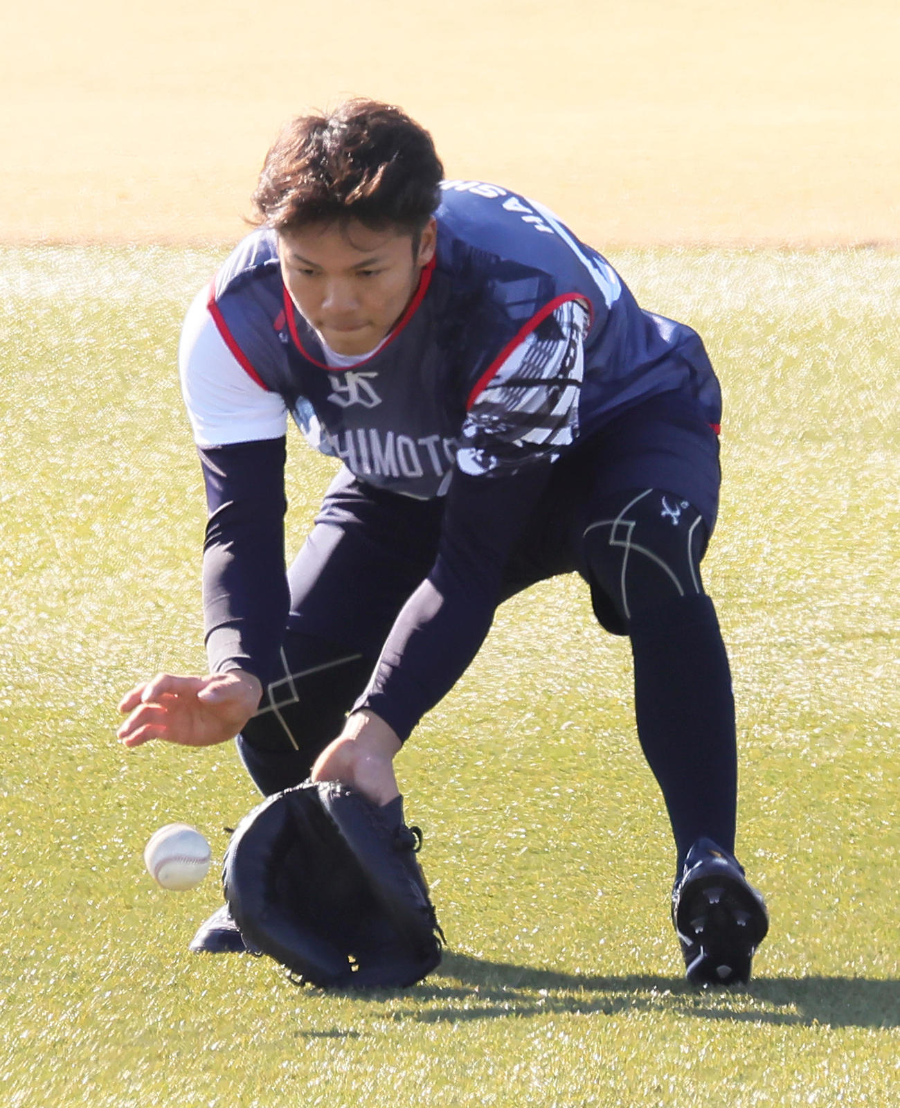 ヤクルト新人合同自主トレでノックを受けるドラフト育成1位橋本（撮影・足立雅史）