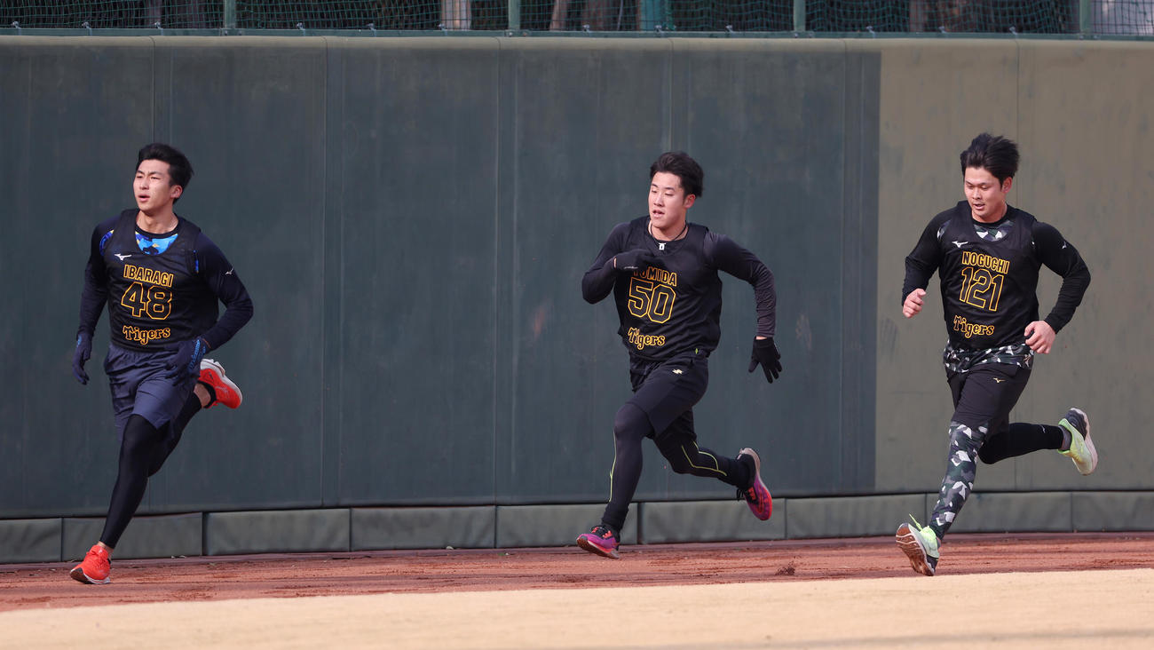 新人合同自主トレ初日、外野で走り込む、左から阪神茨木、富田、野口（撮影・前田充）