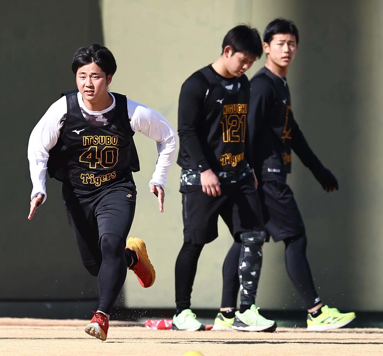 外野をダッシュする左から井坪、野口、戸井（撮影・上田博志）