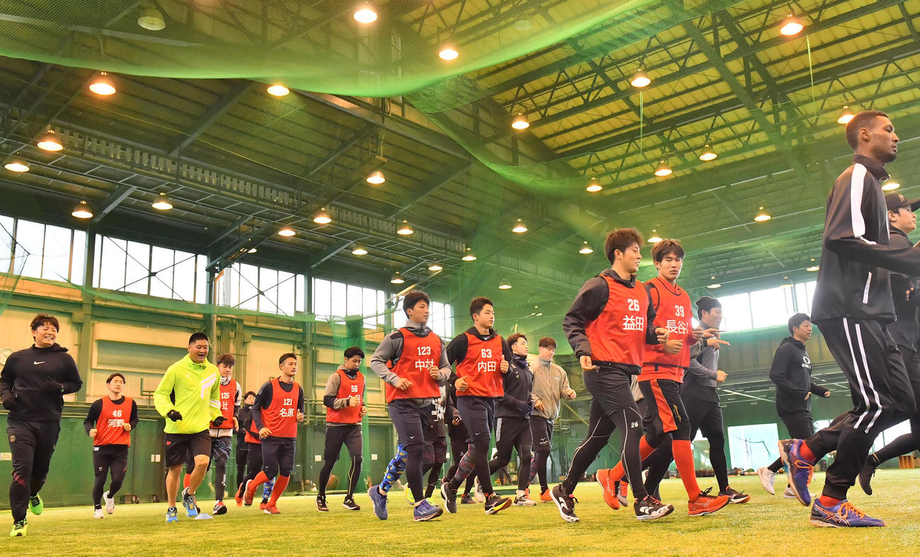 合同自主トレに参加する広島の新人選手ら（撮影・和賀正仁）