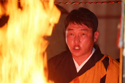 護摩行で「広島優勝」と唱える新井監督（撮影・加藤哉）