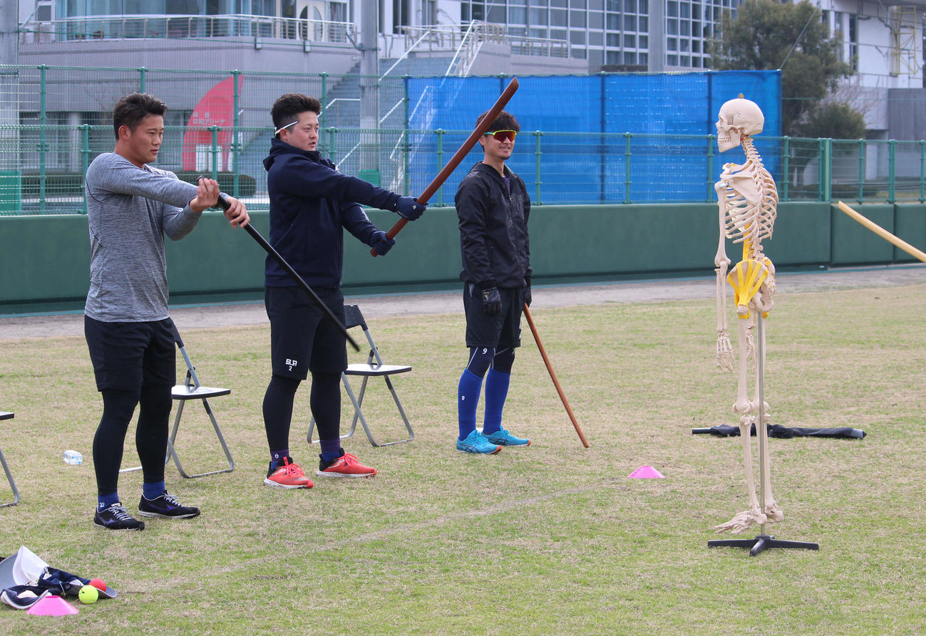 人体骨格模型で強化する部位をイメージしながら、木刀を使ったトレーニングをする、左からDeNA益子、牧、大和（撮影・久保賢吾）