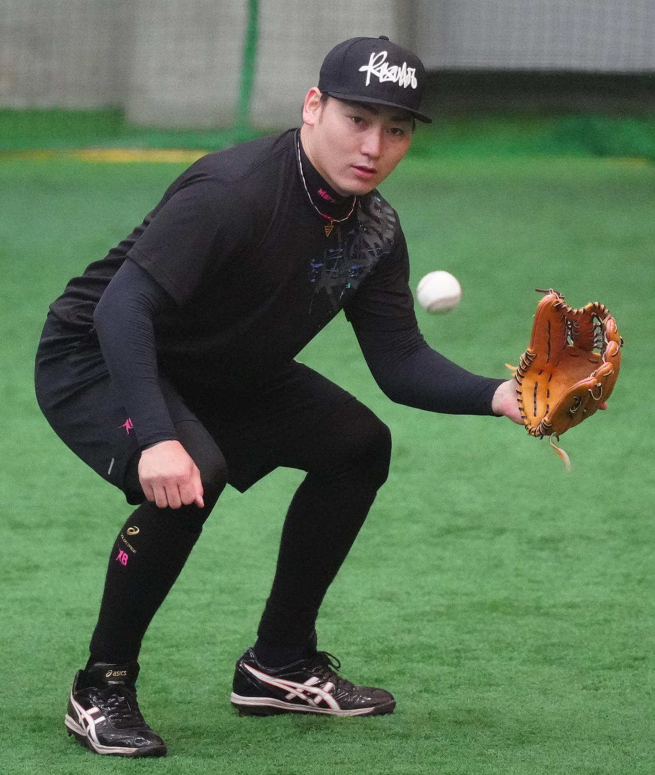 自主トレを公開し、ボールを捕球する巨人丸（撮影・江口和貴）