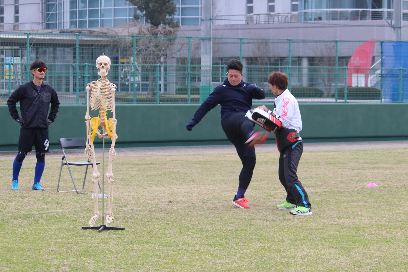 人体骨格模型で強化する部位をイメージしながら、キックボクシングするDeNA牧（撮影・久保賢吾）