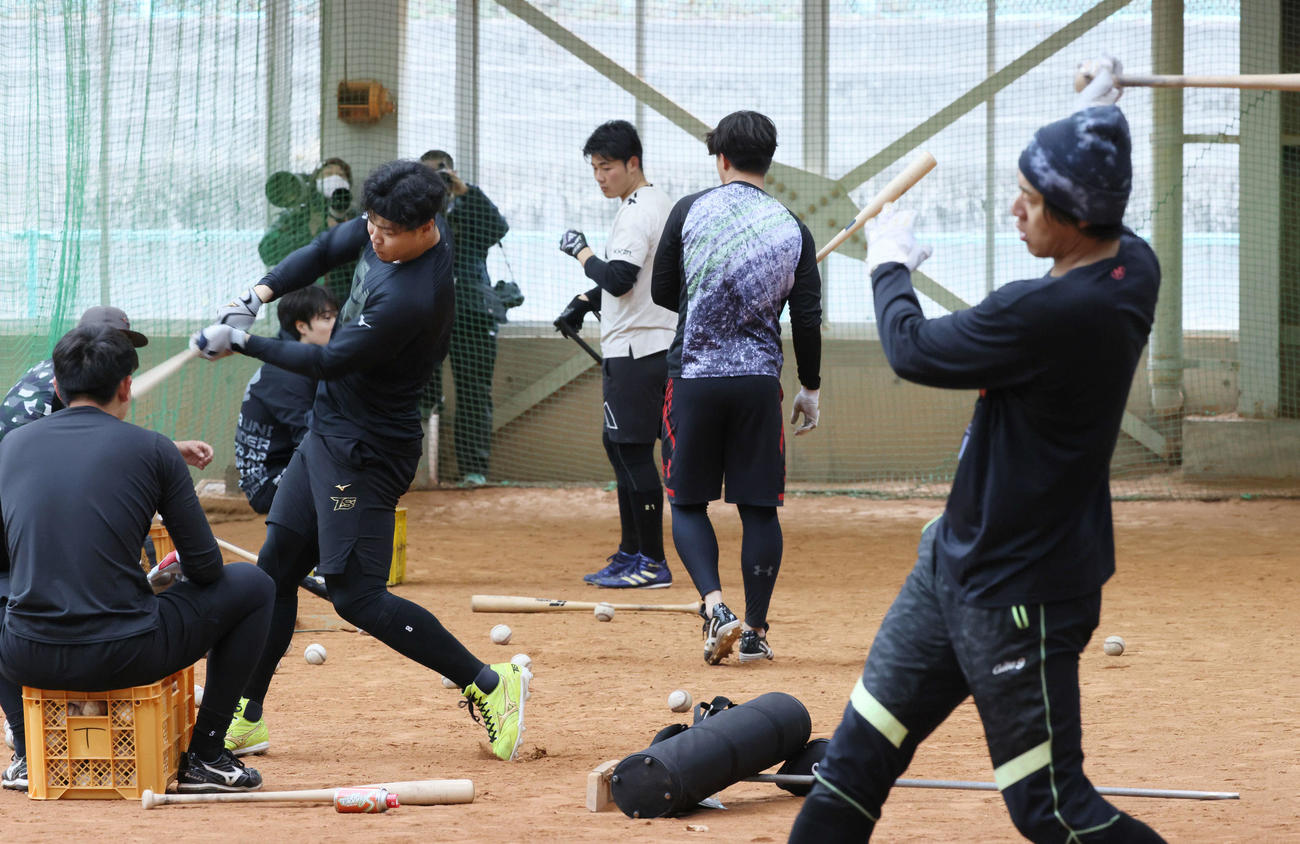 ソフトバンク柳田合同自主トレ　トス打撃練習をする阪神佐藤輝。右は柳田。中央は日本ハム清宮（撮影・加藤孝規）