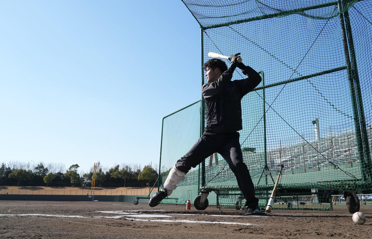 フリー打撃練習をする中野（撮影・森本幸一）