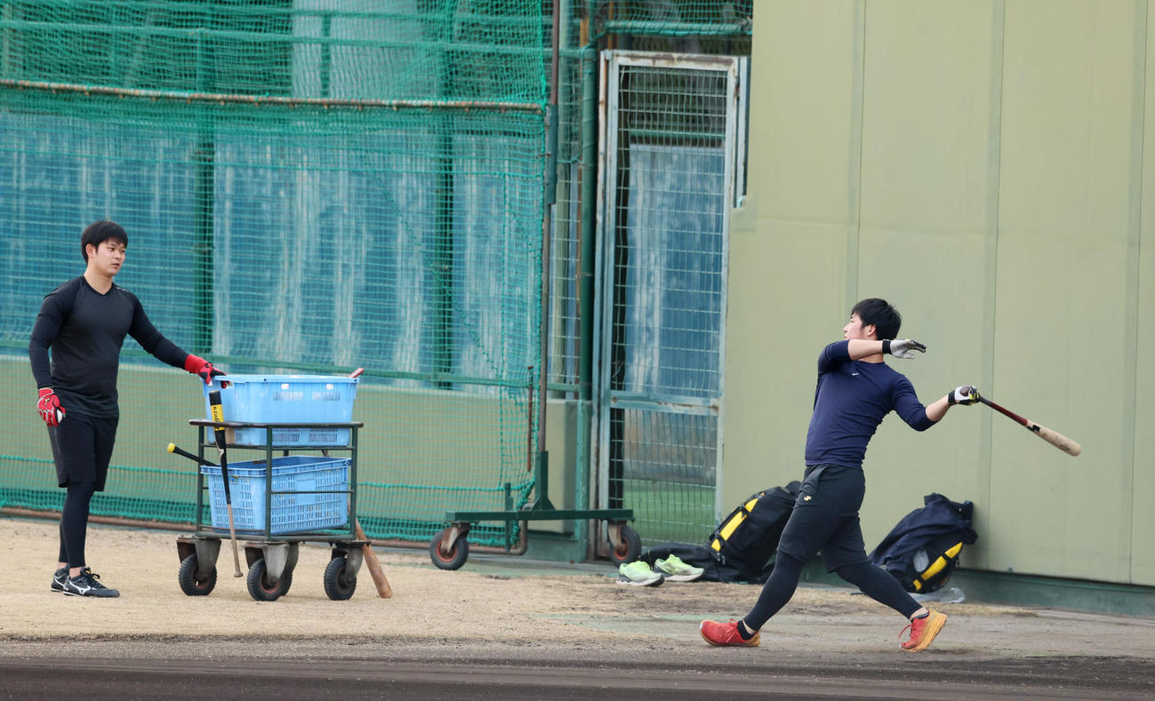 居残りロングティー打撃を行う井坪（右）と野口（撮影・加藤哉）