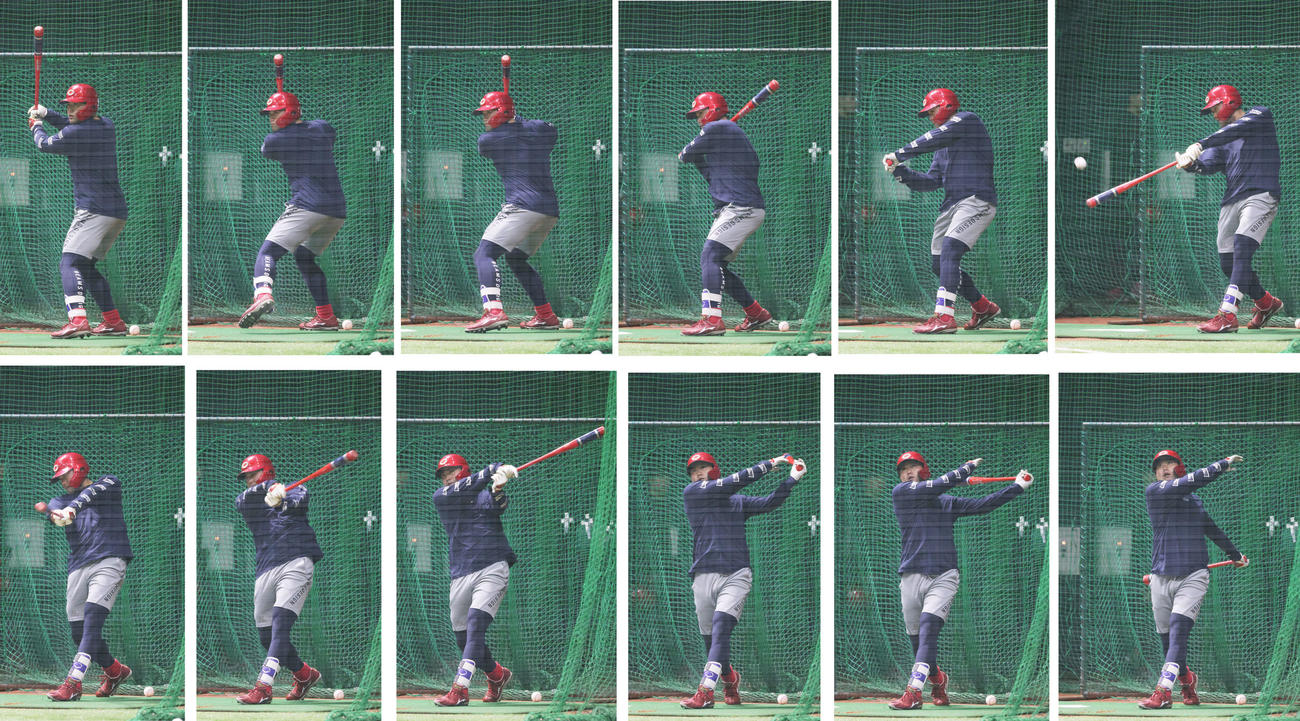 広島合同自主トレ　末包の打撃練習連続写真（撮影・加藤孝規）