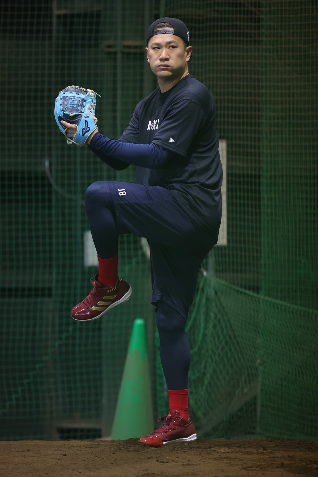 室内練習場のブルペンで投げ込む楽天田中将（代表撮影）