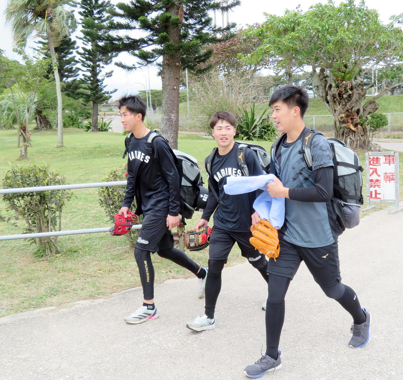 自主トレ会場を移動するロッテのルーキーたち。左から勝又、友杉、金田（撮影・鎌田直秀）