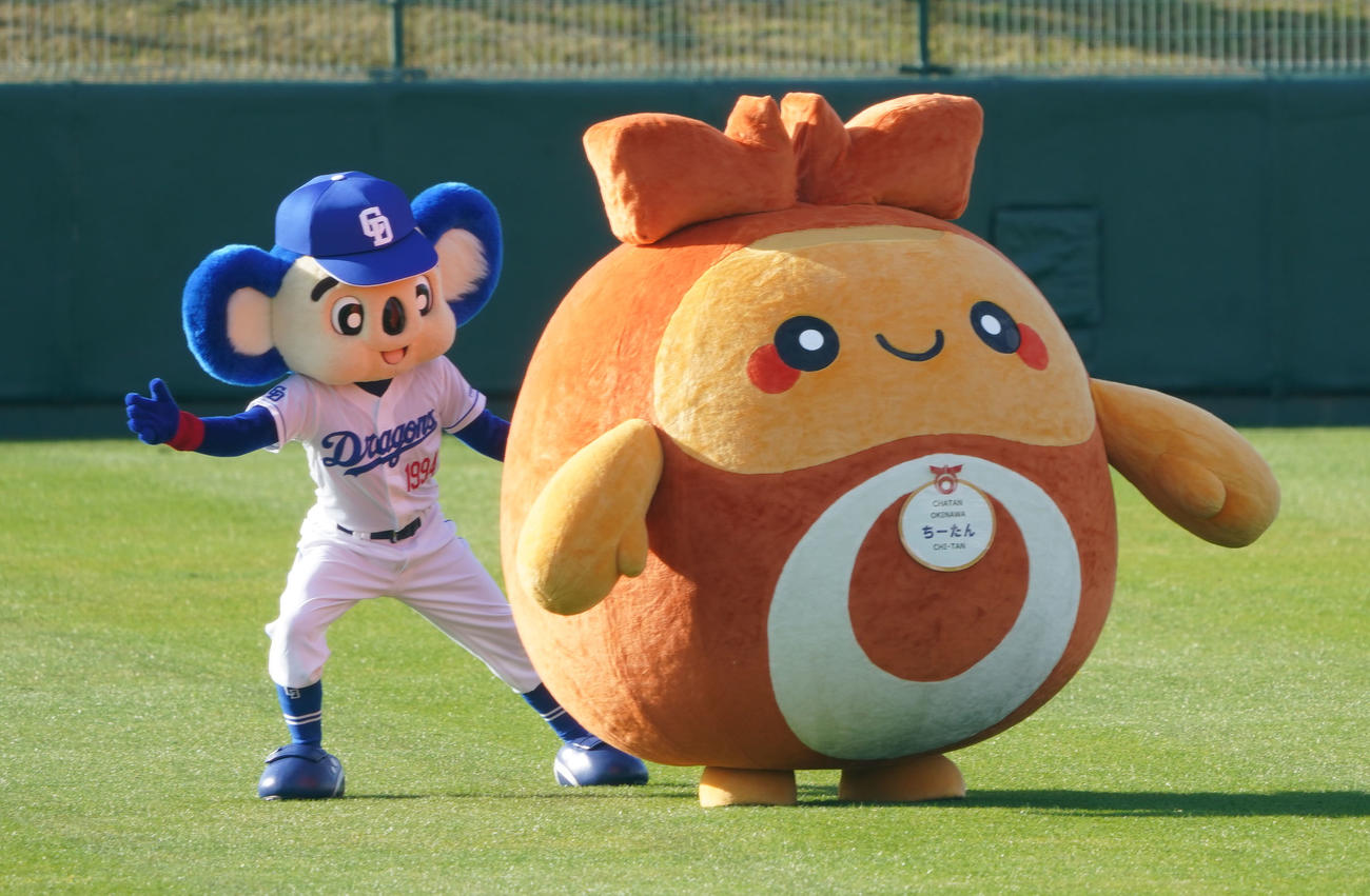 北谷町のマスコット「ちーたん」とふれあうドアラ（撮影・森本幸一）