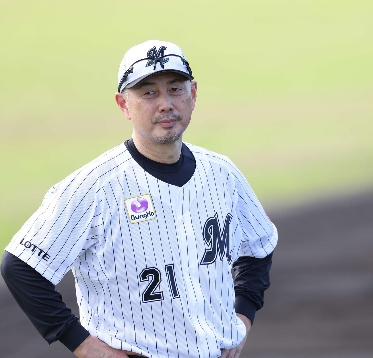 練習を見るロッテ吉井監督（撮影・河田真司）