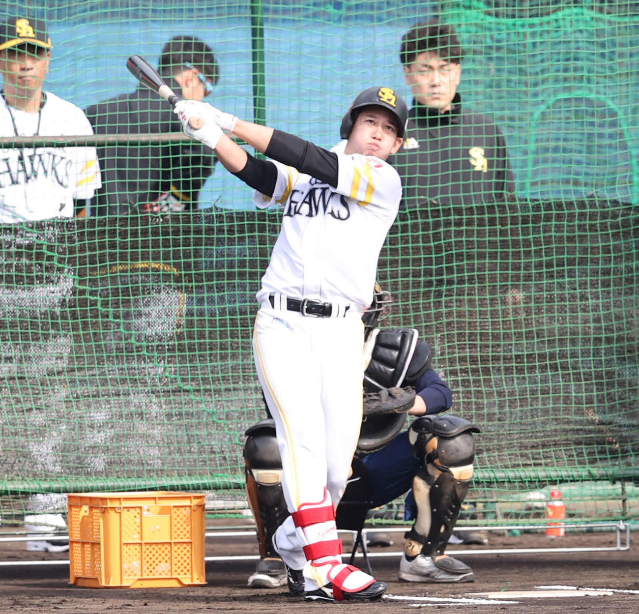 打撃練習を行う栗原陵矢（撮影・梅根麻紀）