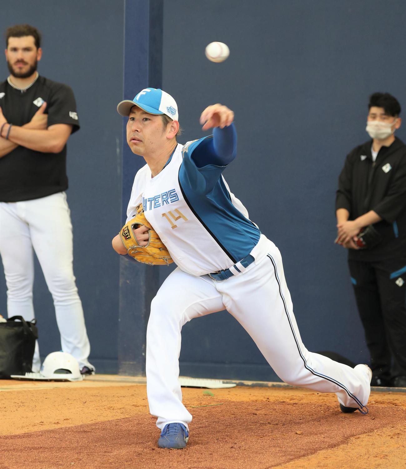 ブルペンで投球する日本ハム加藤貴（撮影・黒川智章）