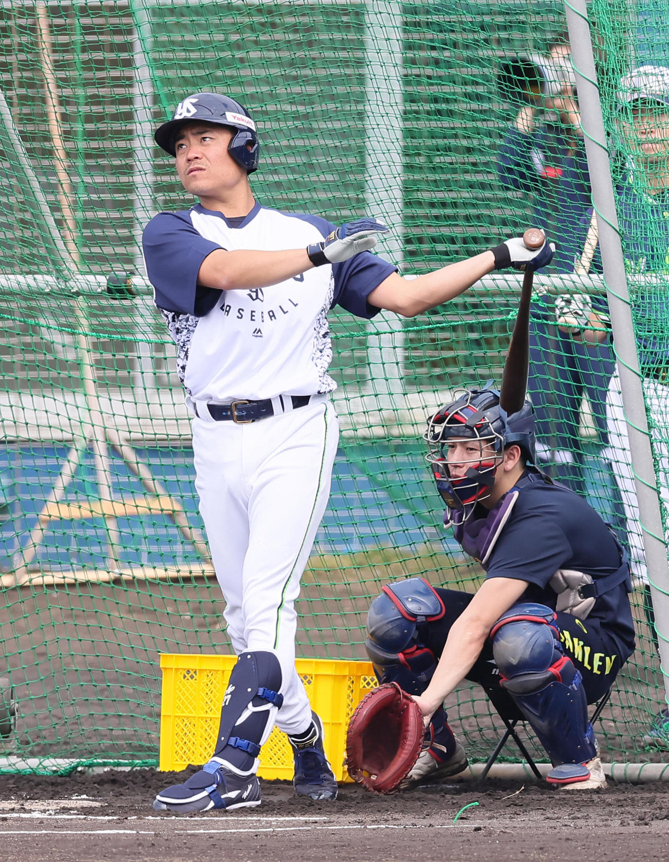 打撃練習を行うヤクルト中村（撮影・足立雅史）