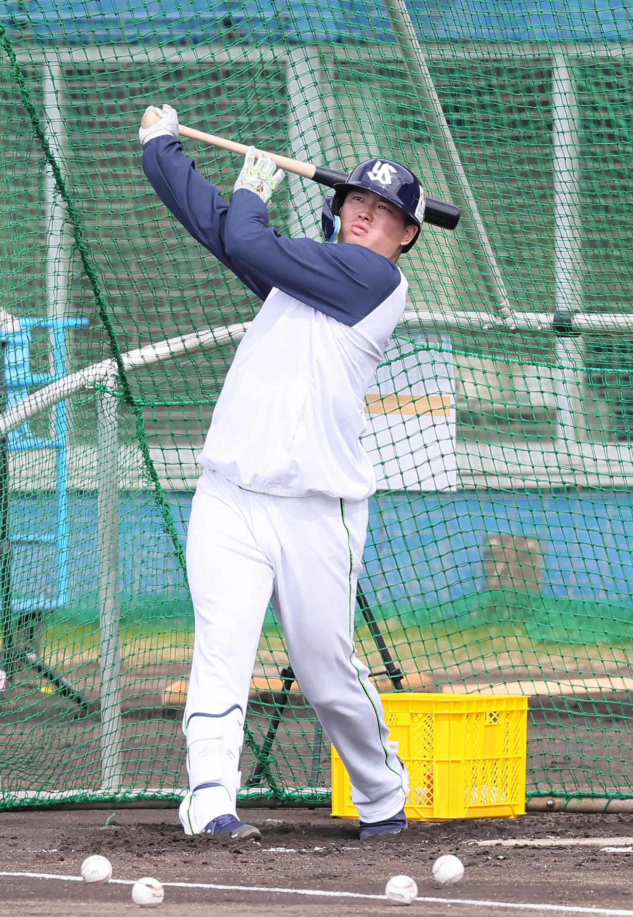 打撃練習を行うヤクルト村上（撮影・足立雅史）