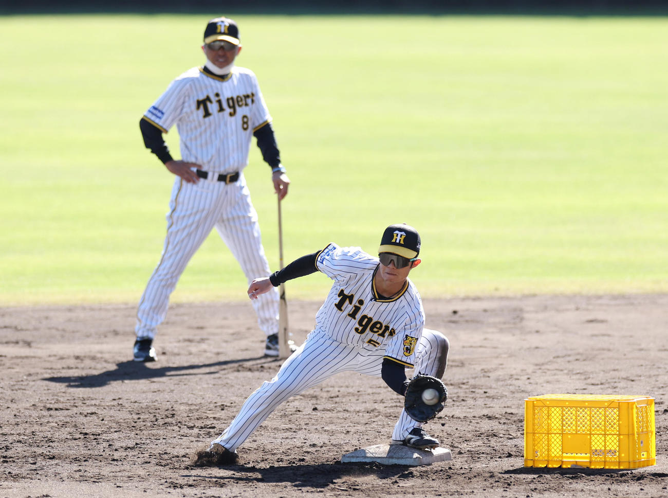 二遊間の併殺プレー練習を行う阪神中野拓夢。後方は岡田彰布監督（2022年11月20日撮影）