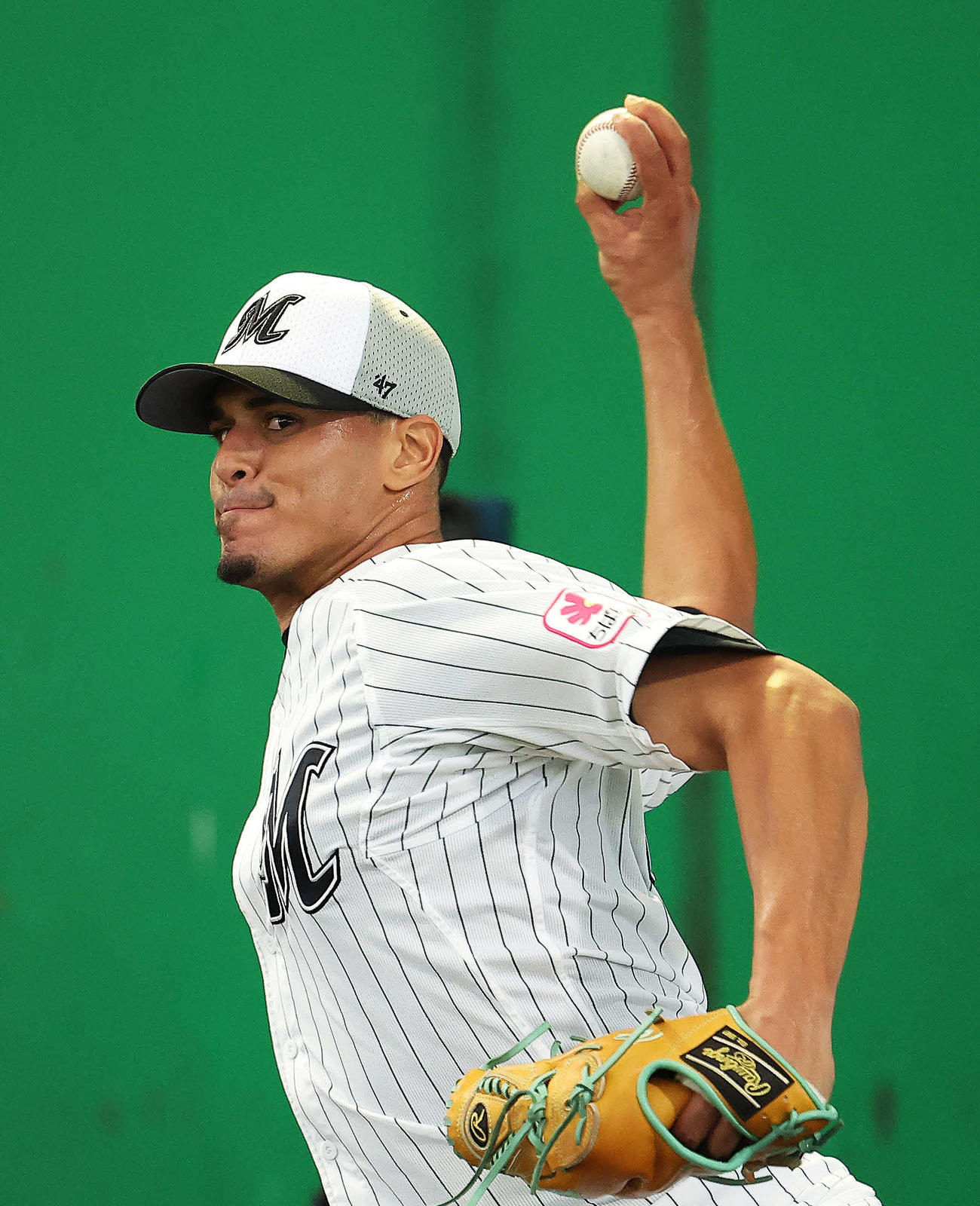 ブルペン投球するロッテ・カスティーヨ（撮影・河田真司）